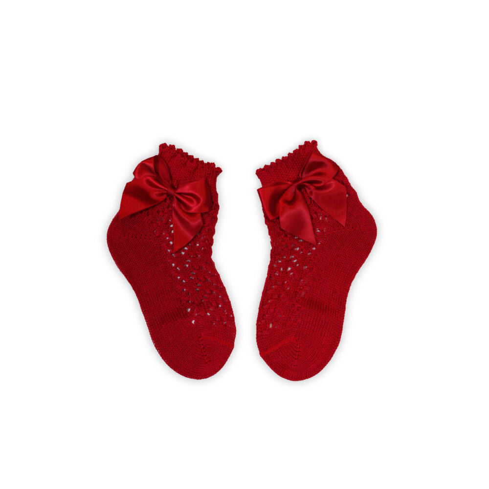 100% cotton baby girl baby ankle socks with crochet upper part - bow decoration - red - 13-14-0