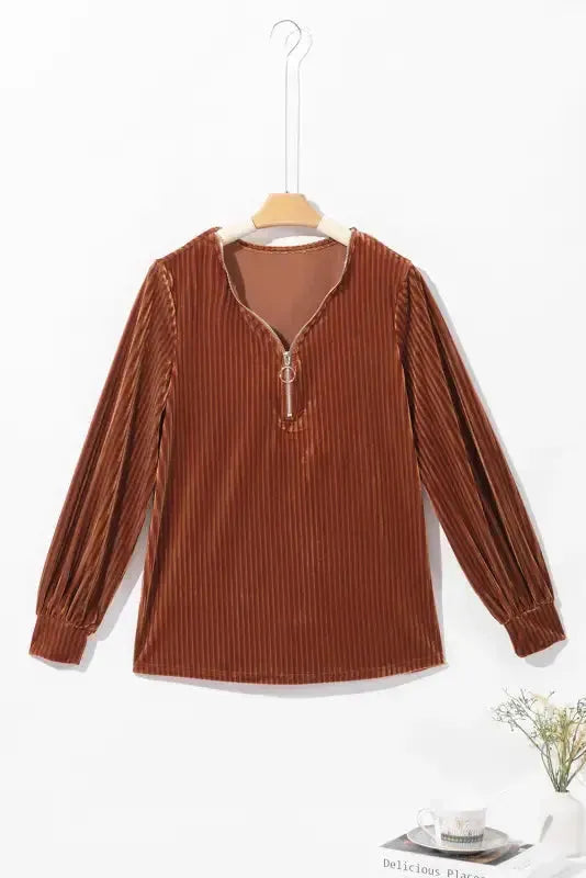 Chestnut Half Zip V Neck Ribbed Velvet Top-4