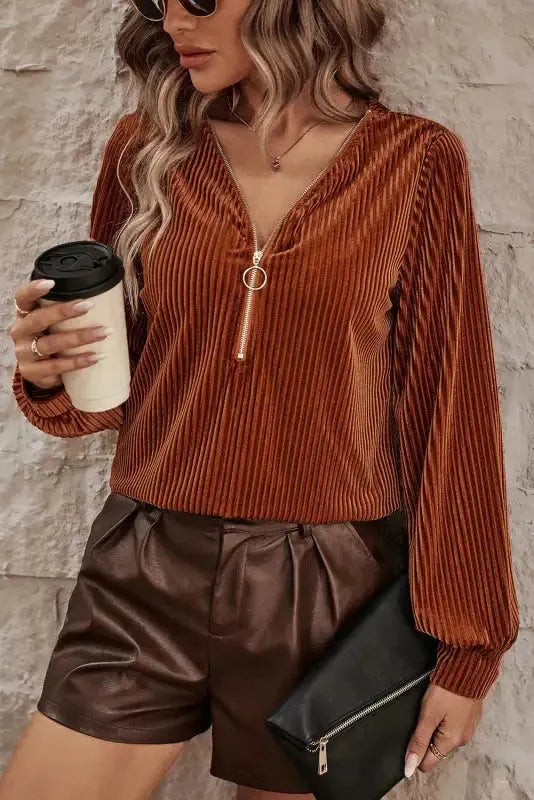 Chestnut Half Zip V Neck Ribbed Velvet Top-3
