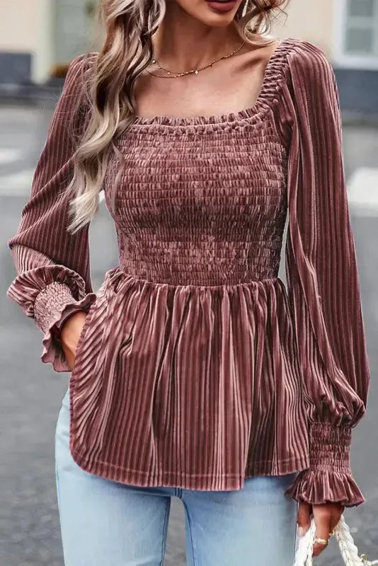 Chestnut Half Zip V Neck Ribbed Velvet Top-5