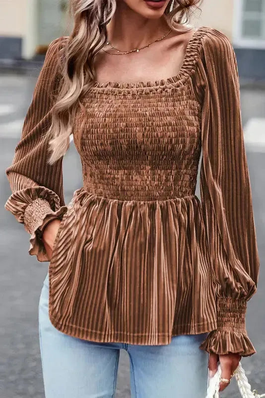 Chestnut Half Zip V Neck Ribbed Velvet Top-9