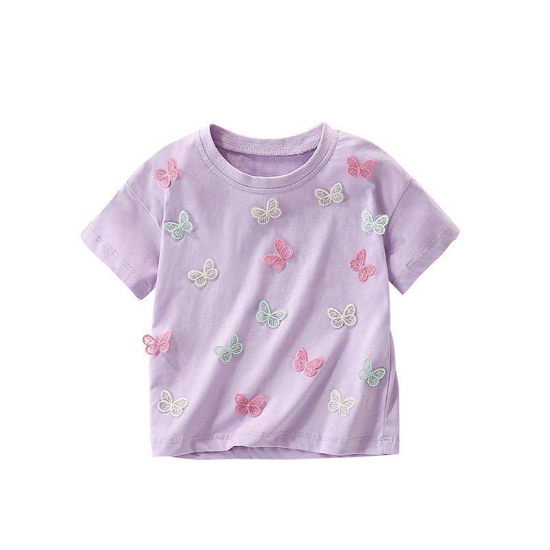 Summer Girls’ Butterfly Pattern Decorated T-shirt in European and American Style-0