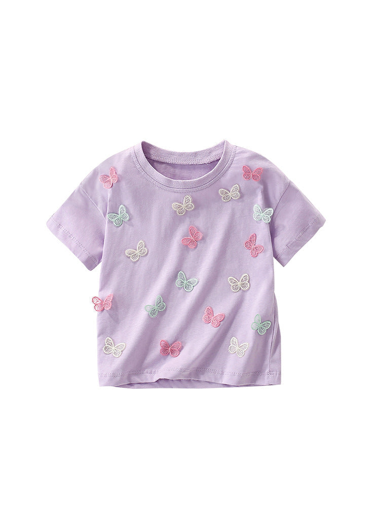 Summer Girls’ Butterfly Pattern Decorated T-shirt in European and American Style-4