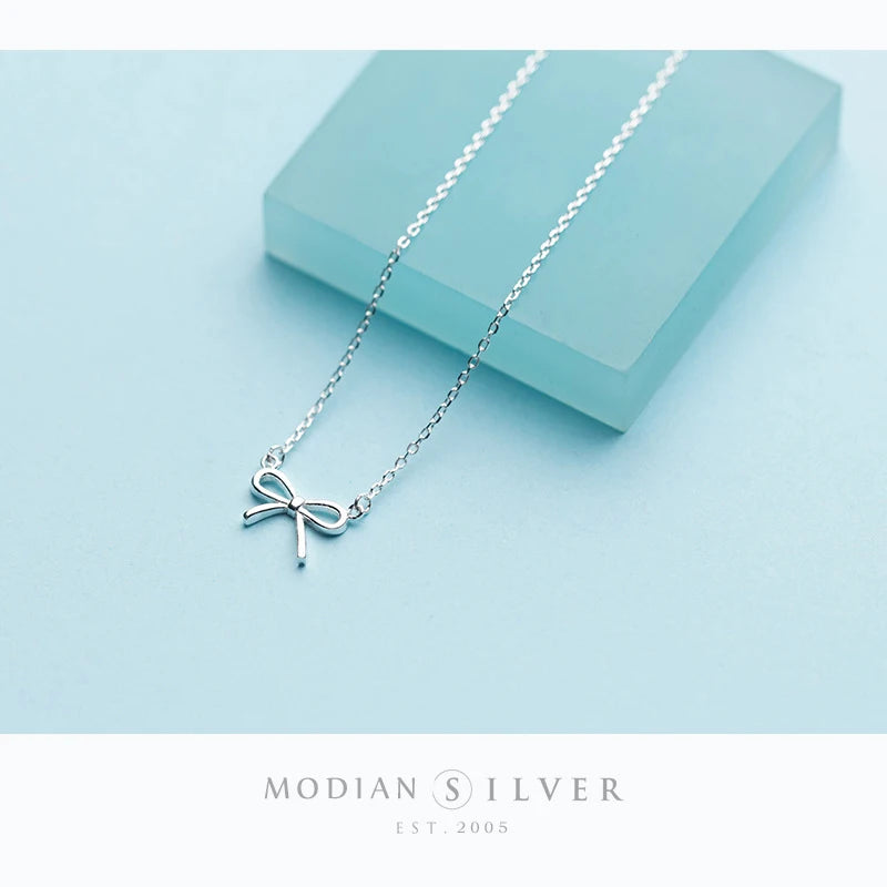 Modian Authentic 925 Sterling Silver Elegant Bowknot Necklace Pendant for Women Fashion Fine Statement Jewelry Gifts Bijoux