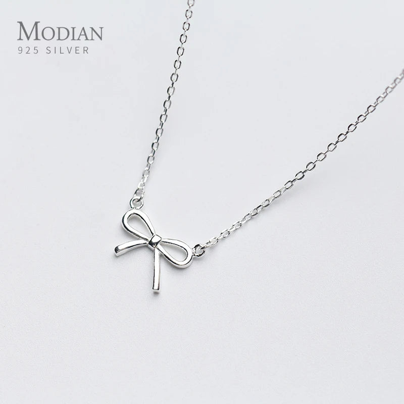 Modian Authentic 925 Sterling Silver Elegant Bowknot Necklace Pendant for Women Fashion Fine Statement Jewelry Gifts Bijoux