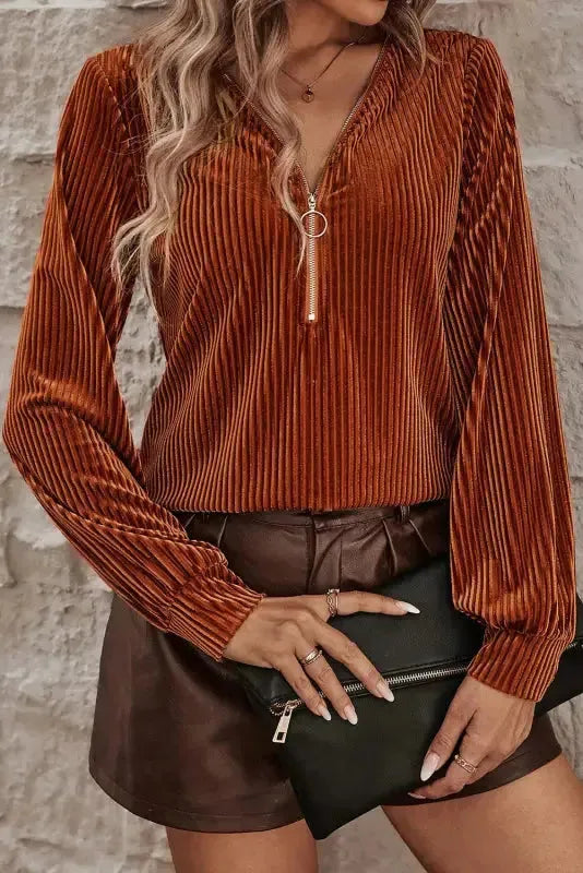 Chestnut Half Zip V Neck Ribbed Velvet Top-0
