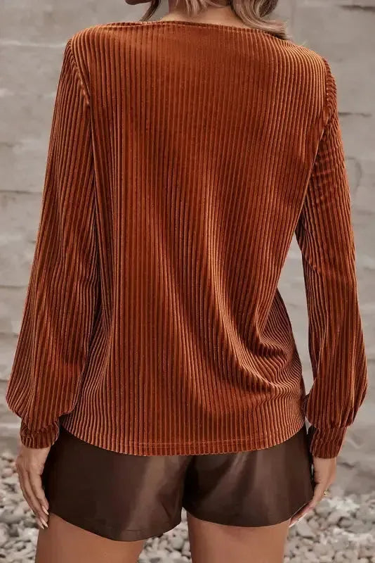 Chestnut Half Zip V Neck Ribbed Velvet Top-1