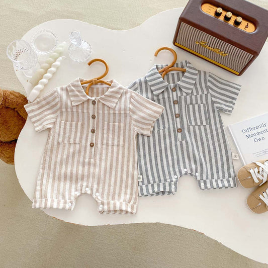 Summer New Design Short Sleeves Striped Turn-Down Collar Single Breasted Rompers-0